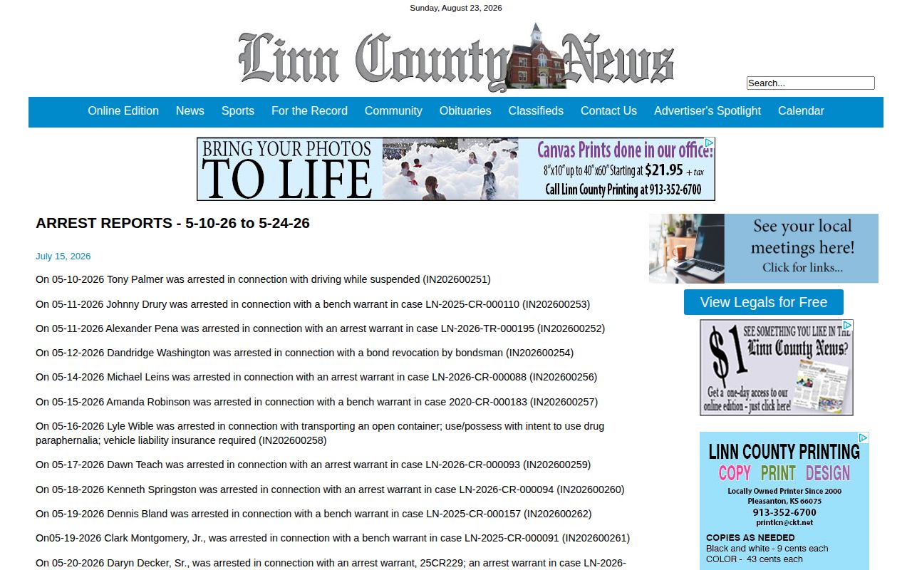 Linn County News arrest reports archive for local arrest records
